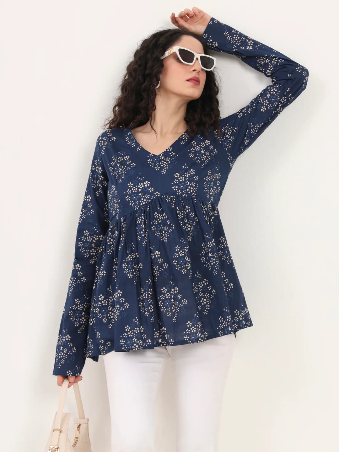 Divena Blue Floral Printed V Neck Cotton Top