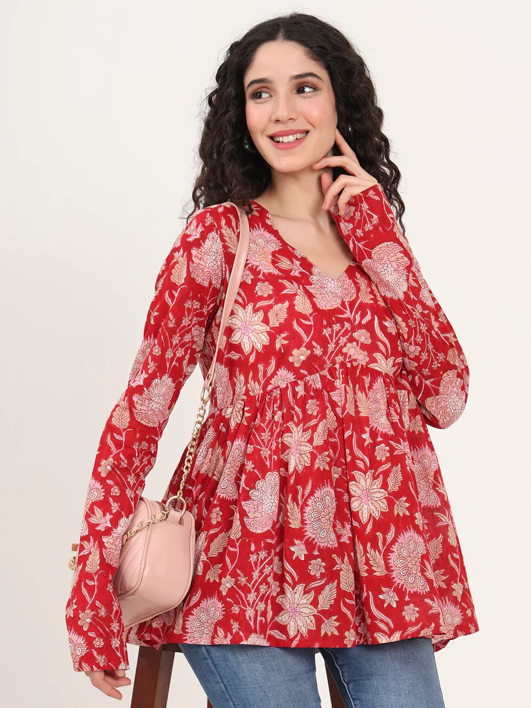 Divena Red Floral Printed V Neck Cotton Top