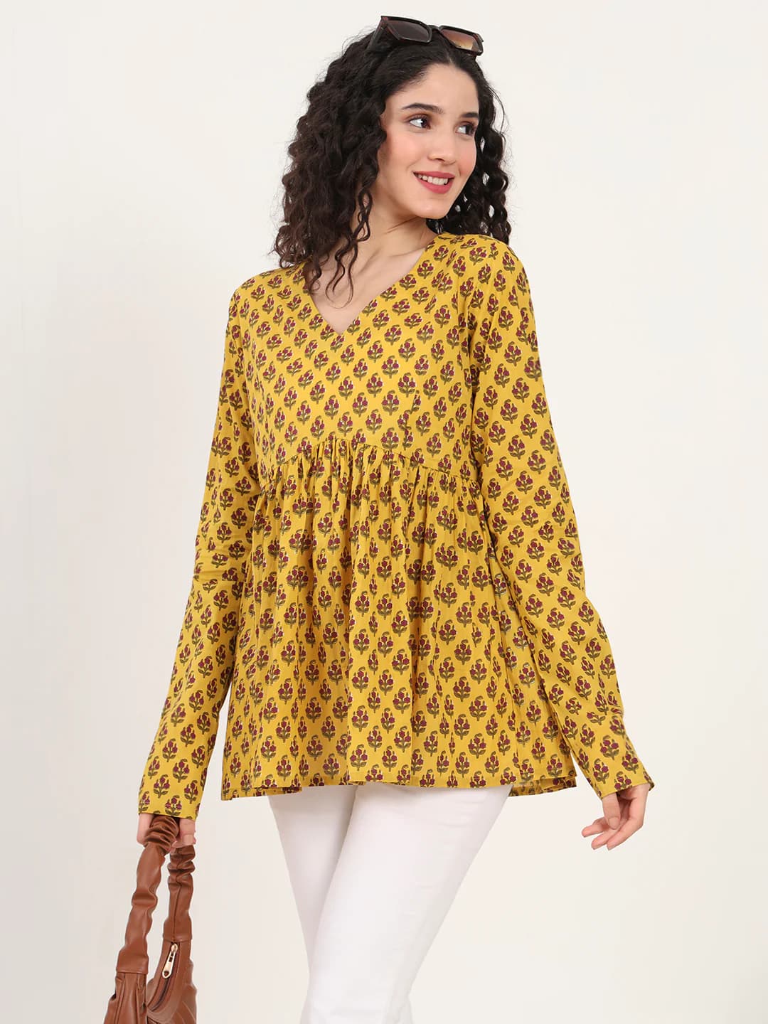 Divena Yellow Floral Printed V Neck Cotton Top DK2185