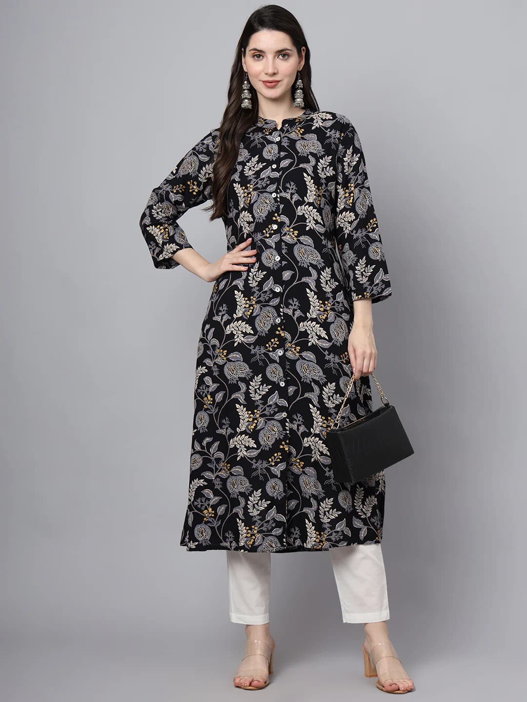 Divena Black Rayon Printed-A-Line Kurta DBK1354