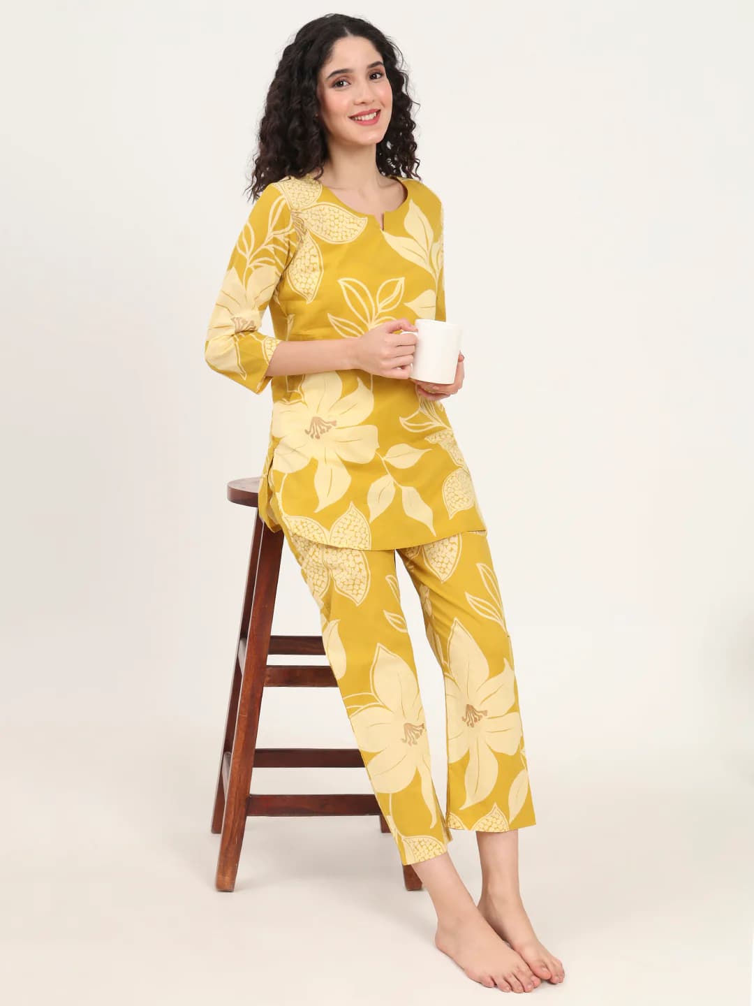 Divena Mustard Round Neck Printed Cotton Night Suit DK0248