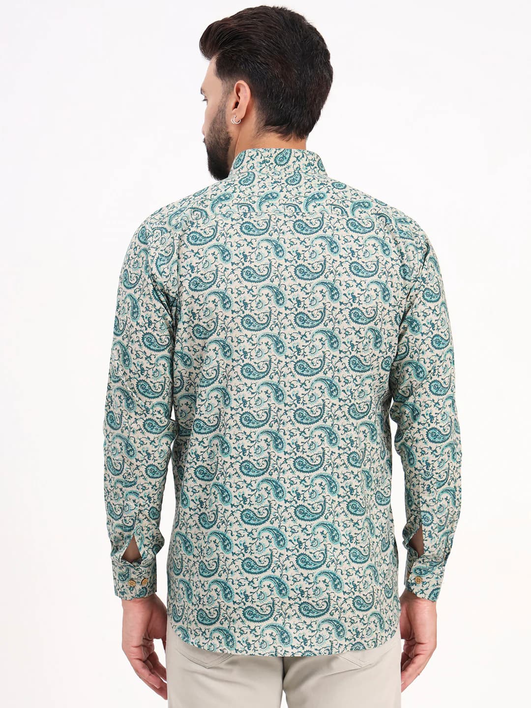 MILLENNIAL MEN Cream & Bottle Green Floral Printed Full Sleeves Shirt MMF0696